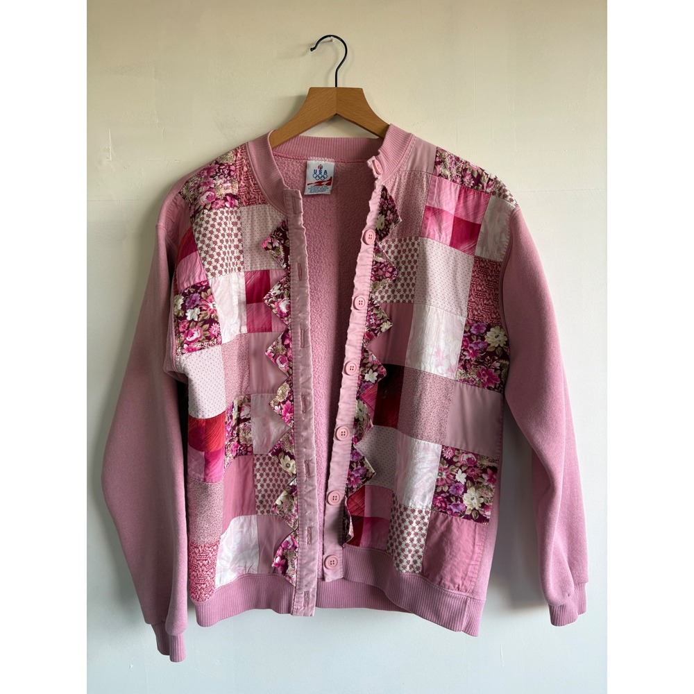 Vintage USA Olympic grandmacore JCPenney Pink Patchwork Cardigan Sweatshirt W-M